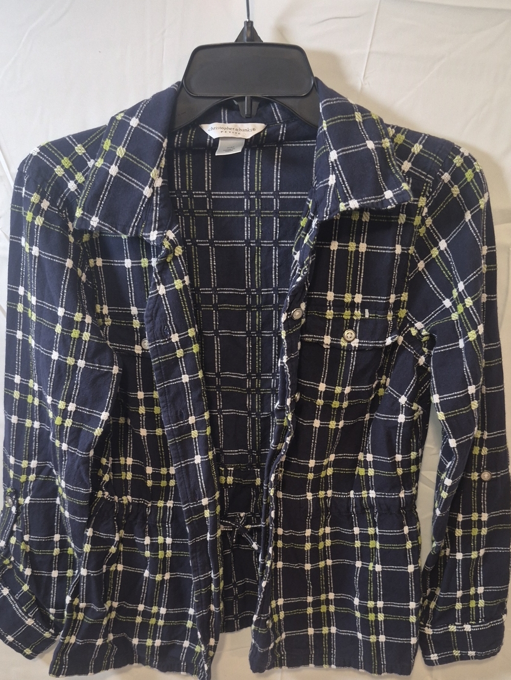 Christopher & Banks Navy Plaid Button-Down Shirt with Lime Accents